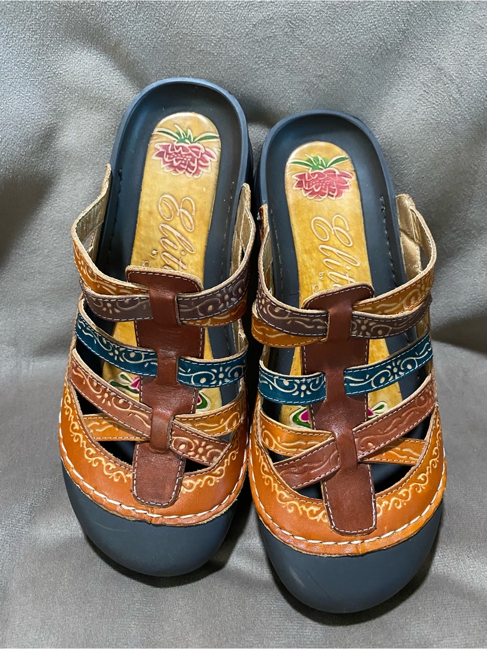 Multi-Color Leather Strappy Slide Sandals - Brown/Blue/Tan